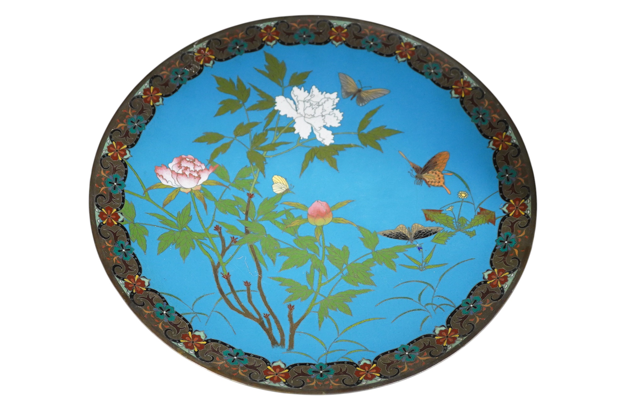 A Japanese cloisonné enamel charger, Meiji period, decorated with butterflies and flowers, 46cm diameter